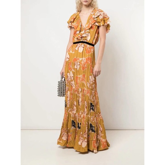 Johanna Ortiz Dresses & Skirts - Johanna Ortiz Whiskey Sour Golden Blossom Velvet Trim Pleated Maxi Dress